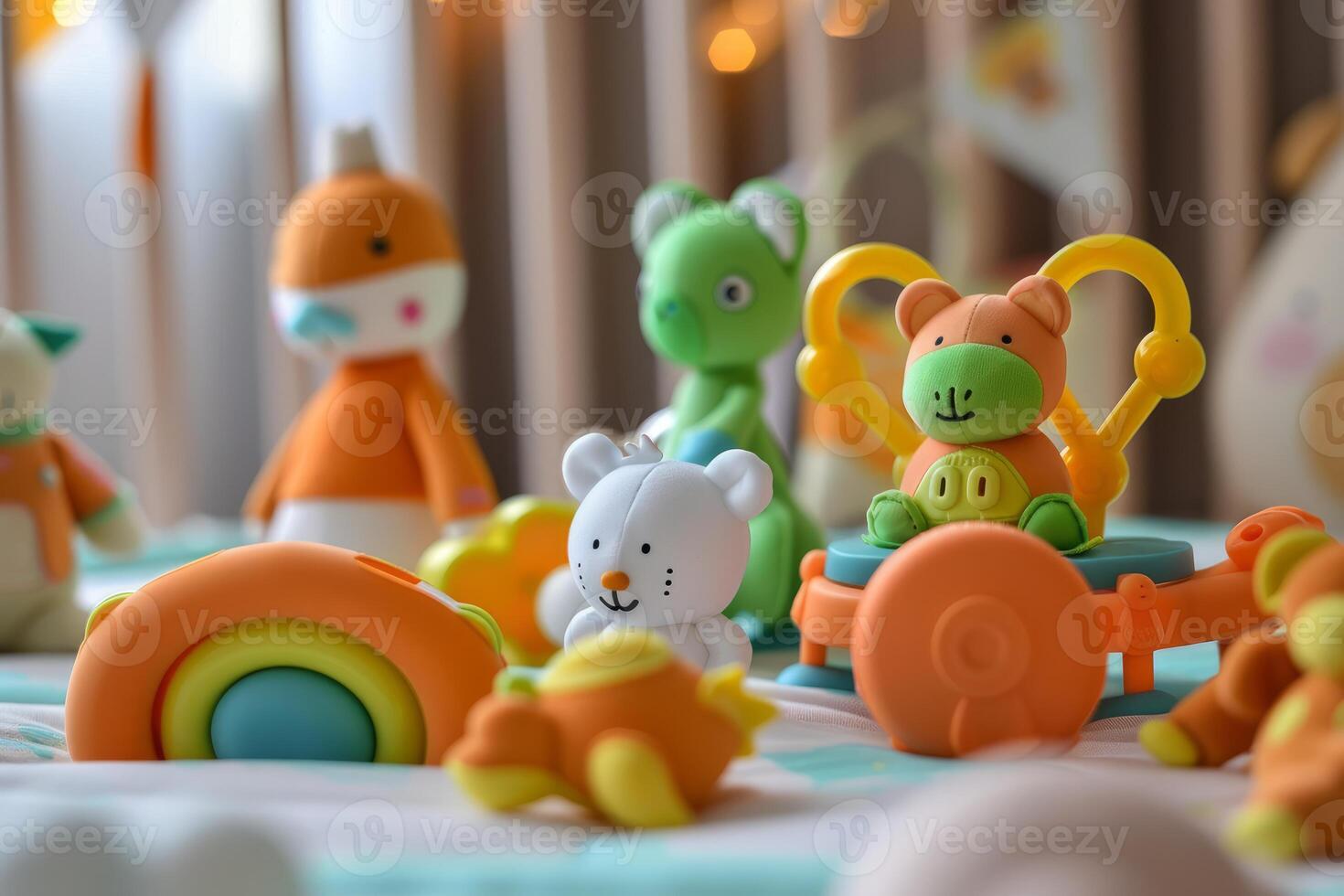 Colorful baby toys lying on a blanket in a room photo