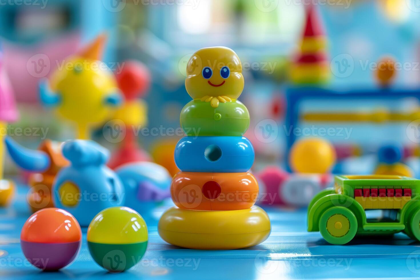 Colorful stacking toy smiling on floor with other toys blurred in background photo
