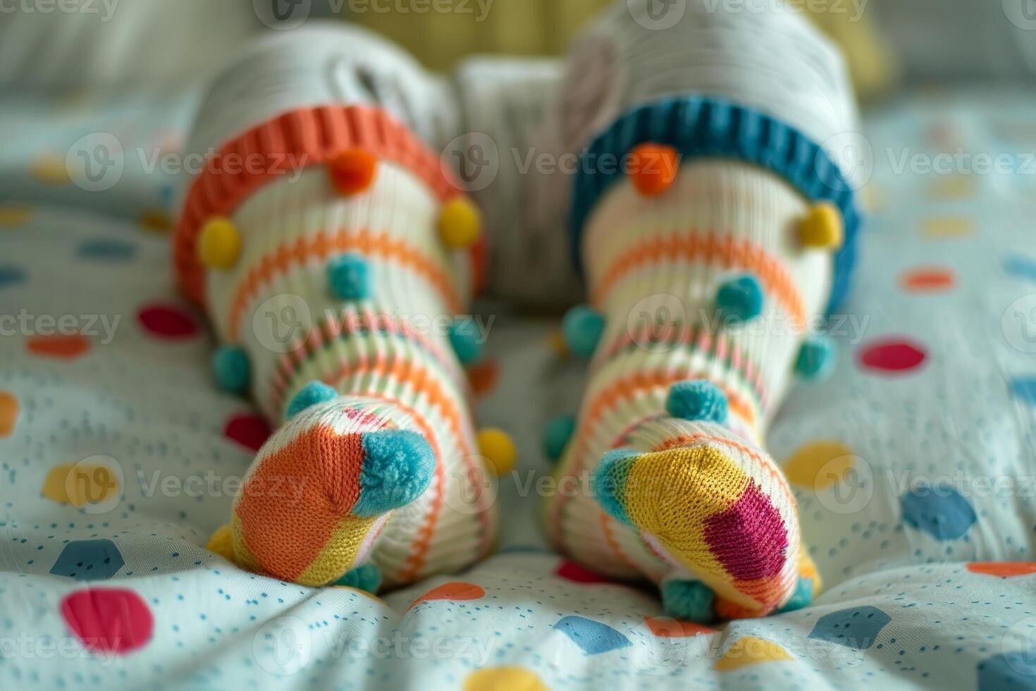 Toddler wearing colorful knitted socks relaxing on bed photo