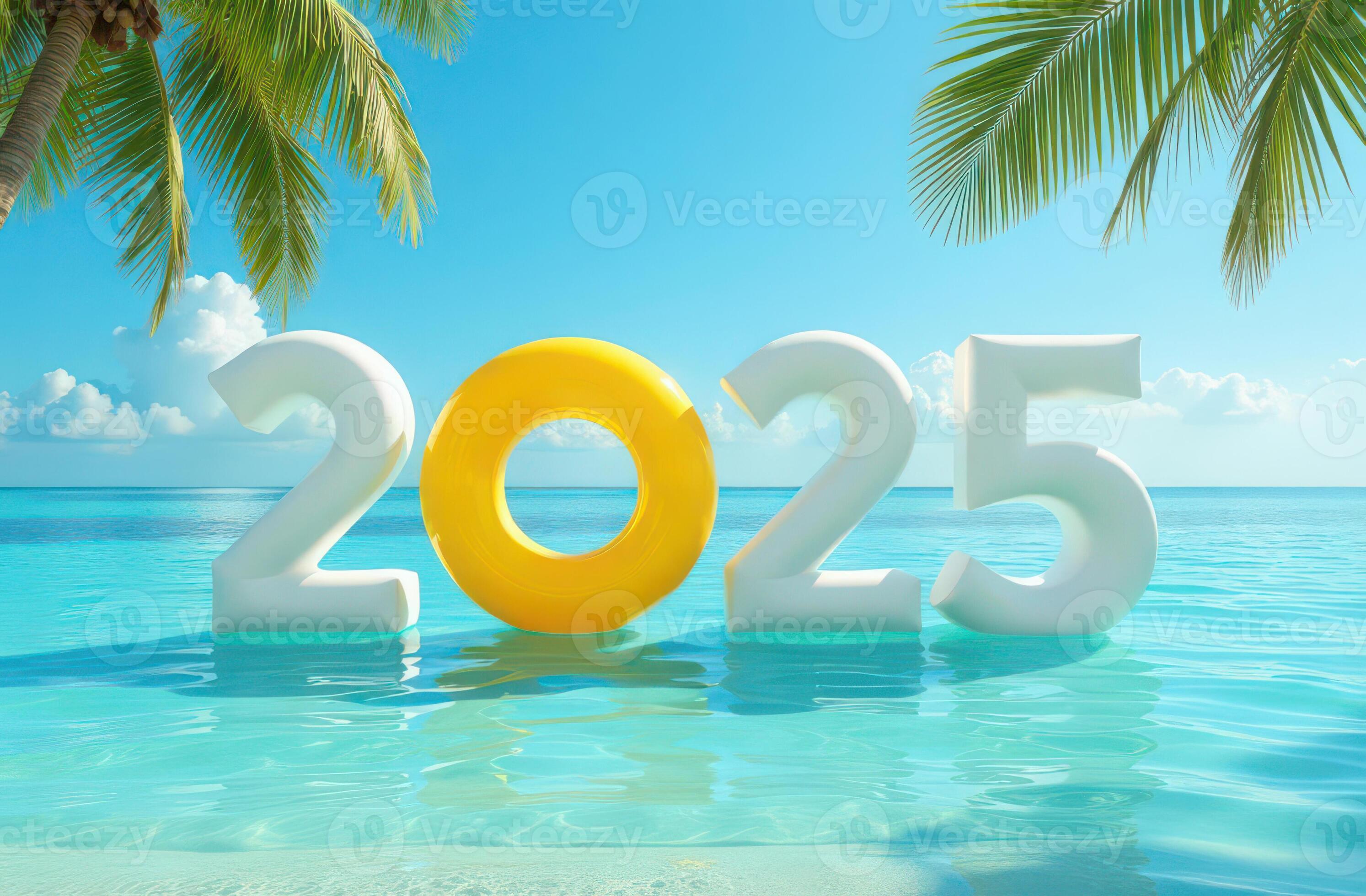 Vacation 2025 Sandy Beach With Green Palm Leaf And Sun Lights Summer Vacation 2025 Sandy Beach With Green Palm Leaf And Sun Lights Summer Holidays Happy New Year 2025 Photo