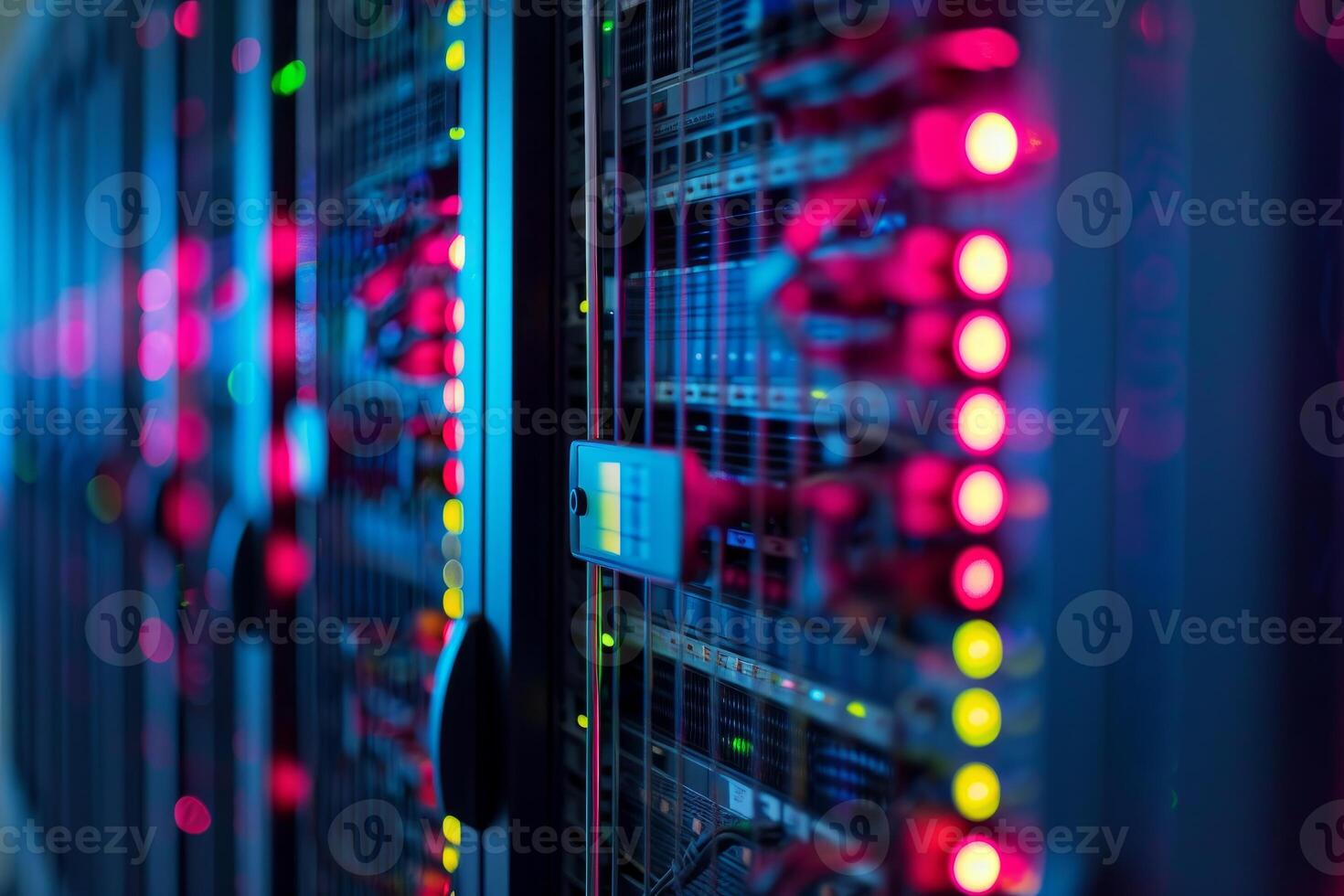 Modern data center with rows of working server racks and blinking led lights photo