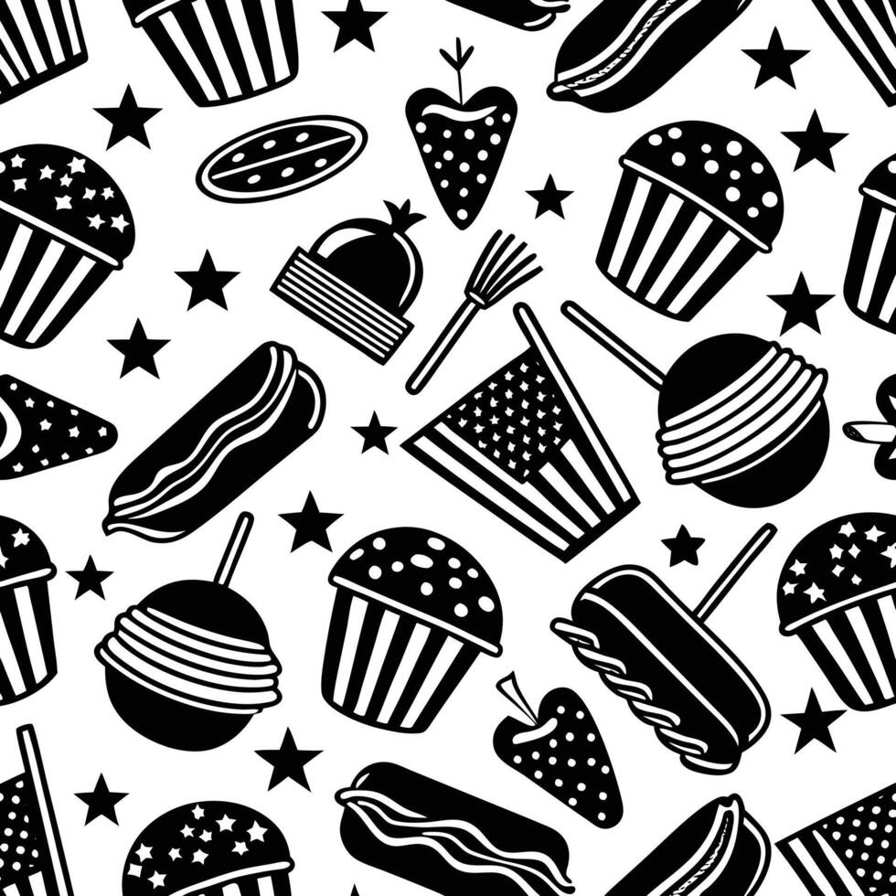 Seamless black and white pattern with food and stars vector