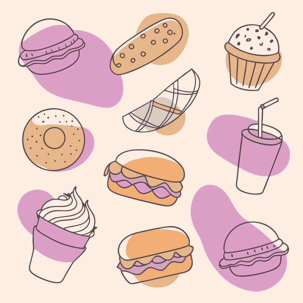 Fast food icons set, including donuts, burgers, and drinks vector