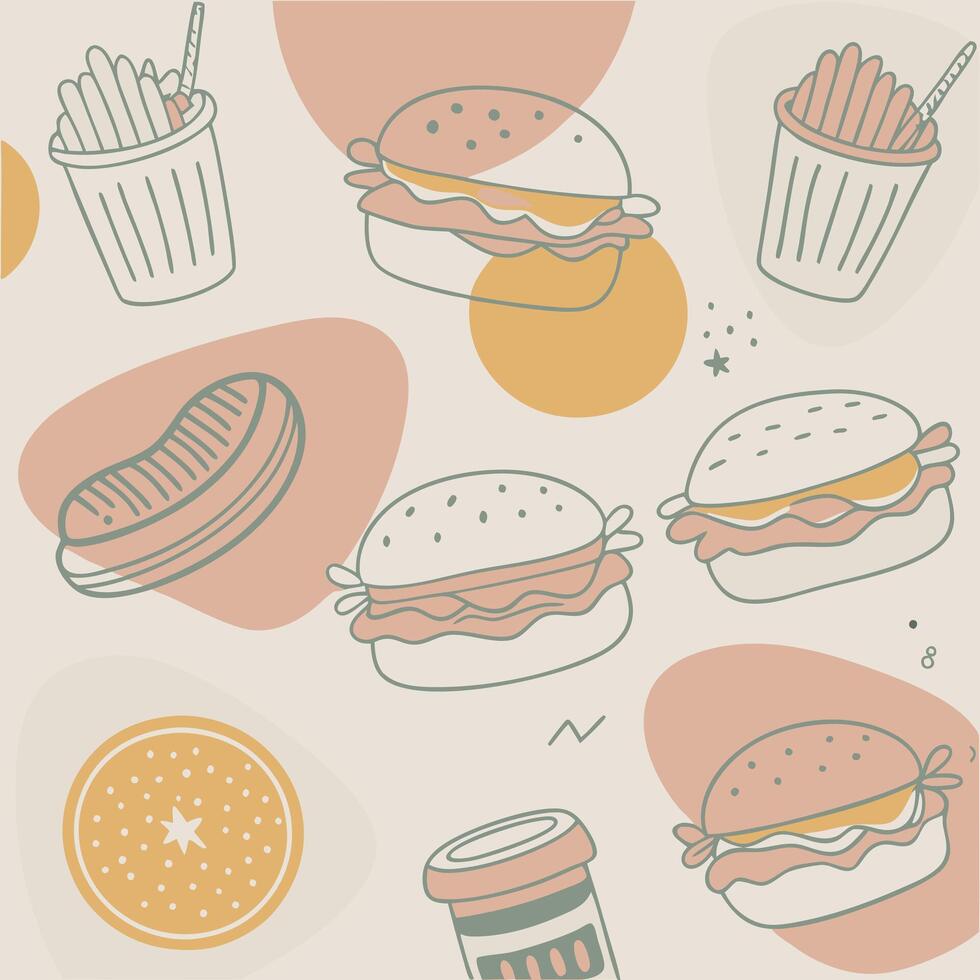 Fast food seamless pattern with hamburger, fries and drink vector
