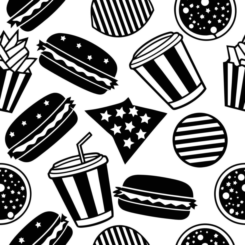 Black and white seamless pattern with hamburgers and fries vector