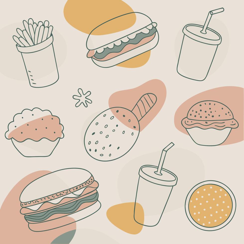 Fast food icons set, including hamburger, fries, soda, and more vector
