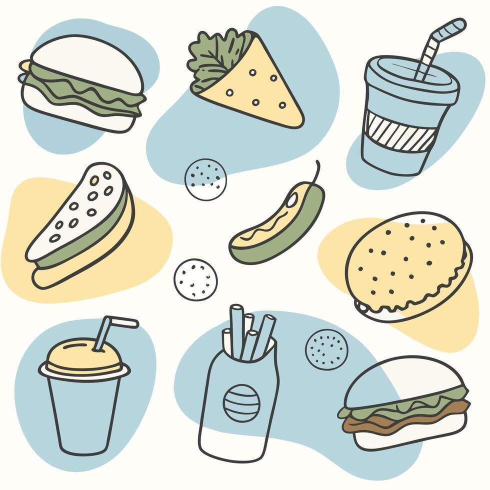 Fast food icons set, hamburger, fries, soda, ice cream, burger, sandwich, vector