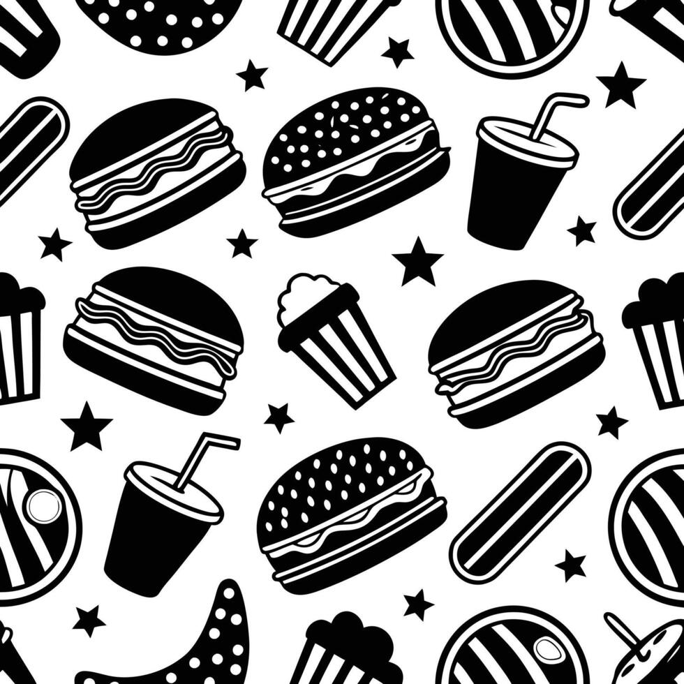 Seamless black and white pattern with hamburgers and fries vector