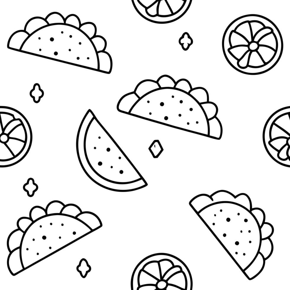 Tacos and slices of fruit are shown in this pattern vector