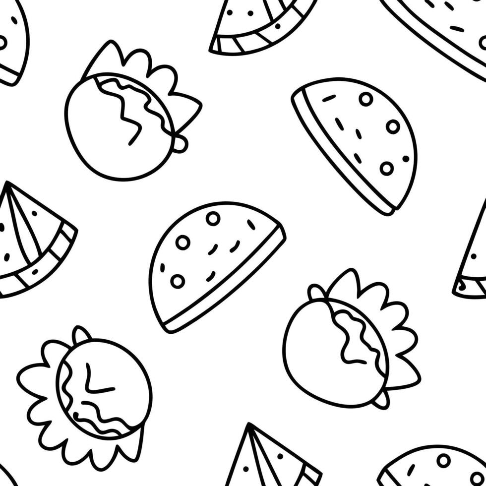 A black and white pattern with hamburgers and other items vector