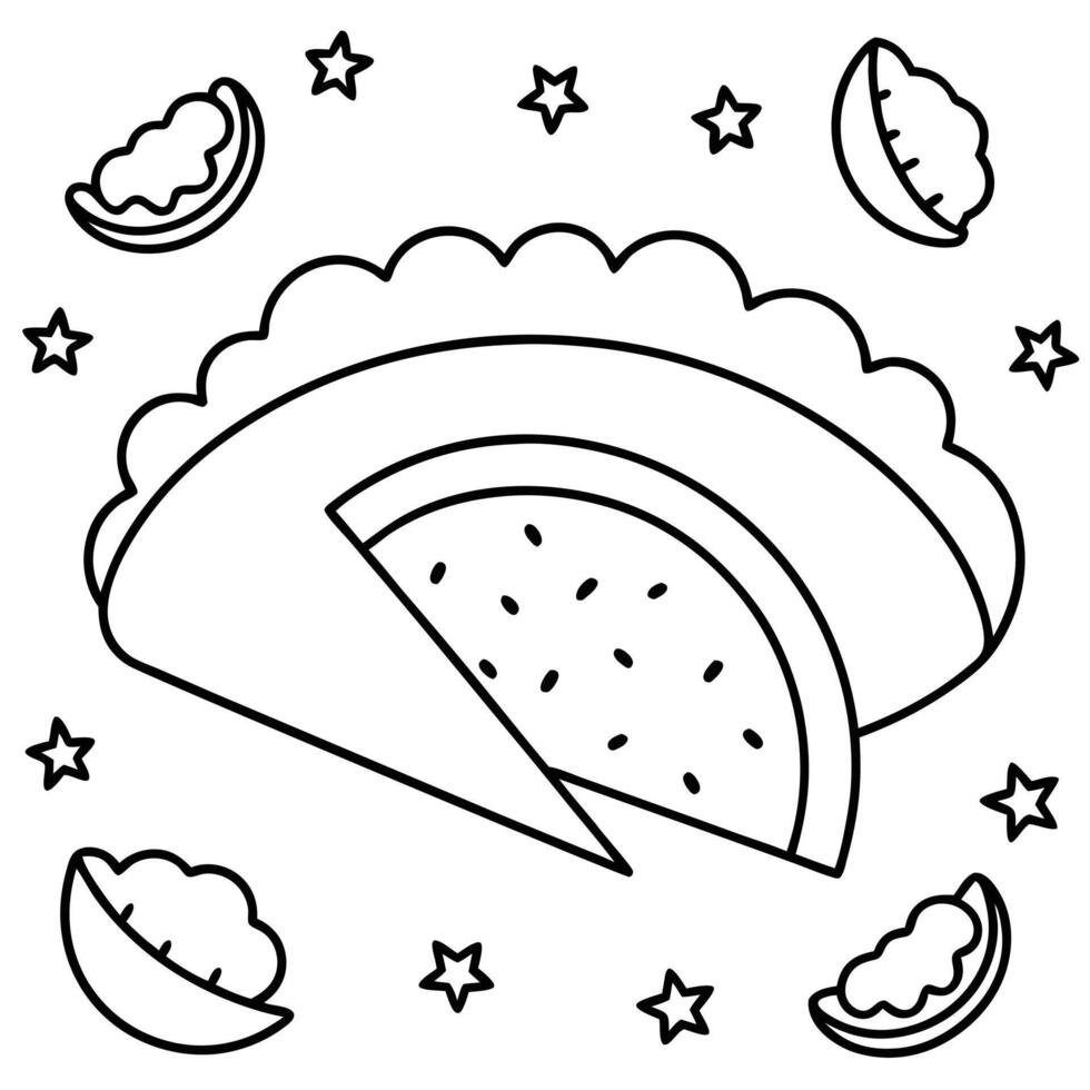 A coloring page with a slice of pizza and stars vector