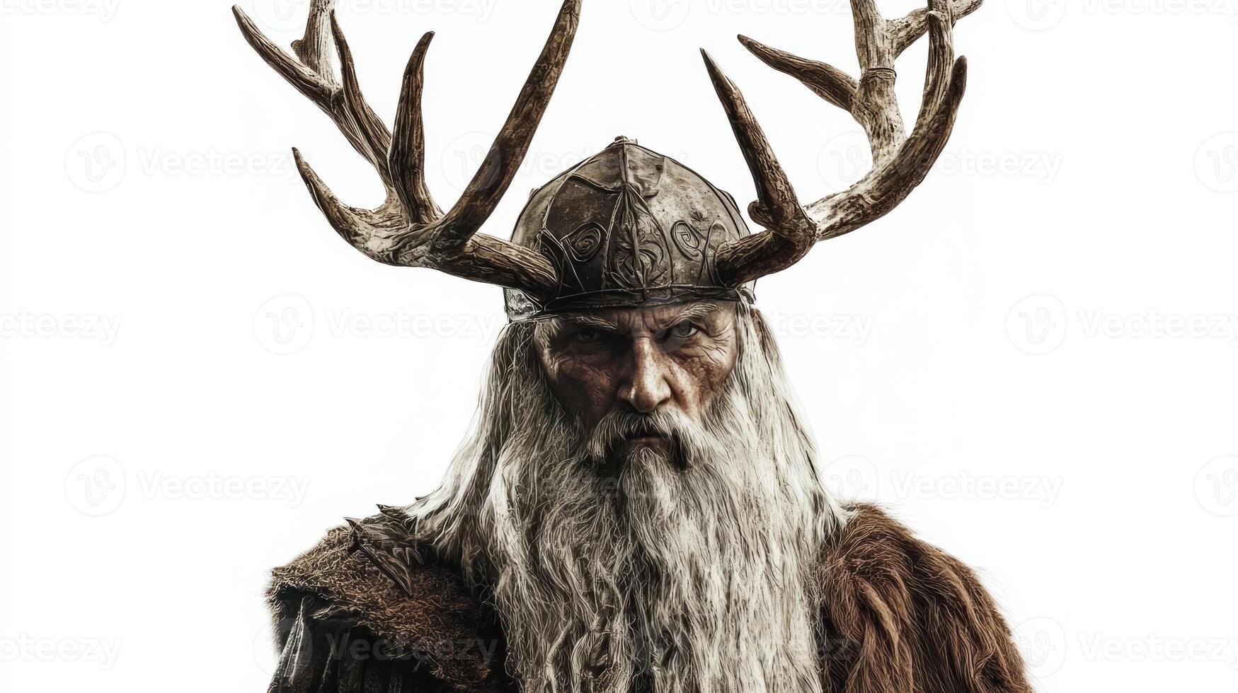 Scandinavian god Forseti stands with a commanding presence displaying detailed antlers and a long beard reflecting wisdom and authority in a timeless setting. photo
