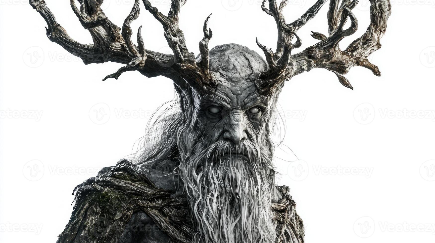 Chernobog the Scandinavian god with striking realism. His weathered features and elaborate antlers convey a powerful presence set against a stark white backdrop. photo