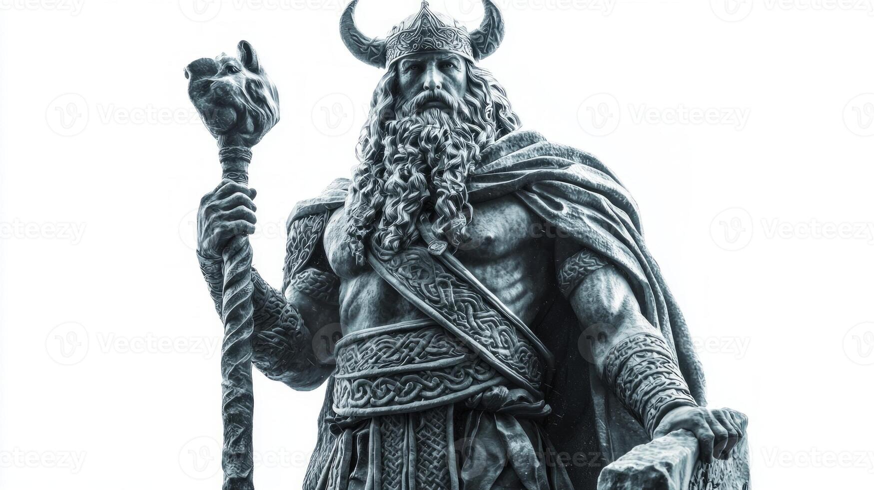 Scandinavian god Hodr stands confidently adorned with horned helmet and intricate attire symbolizing his powerful role within Norse mythology set against white background. photo