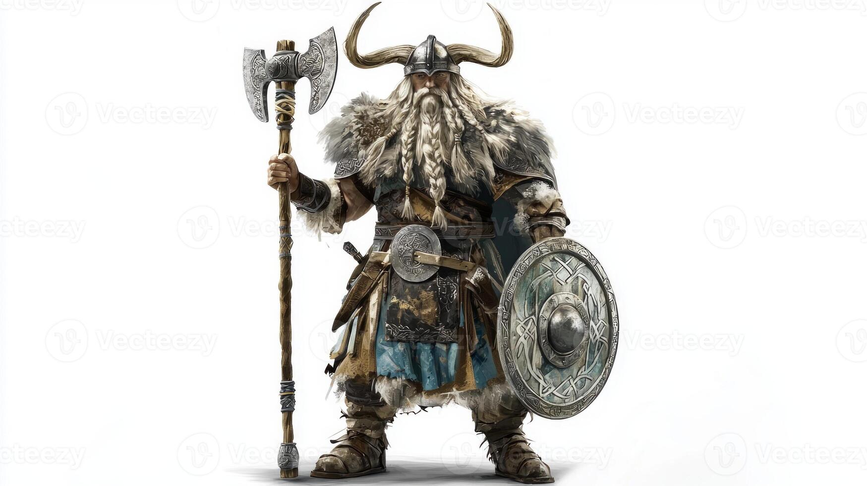 depiction of Ullr showcases a powerful Scandinavian deity complete with his axe and shield reflecting strength and valor associated with winter. photo