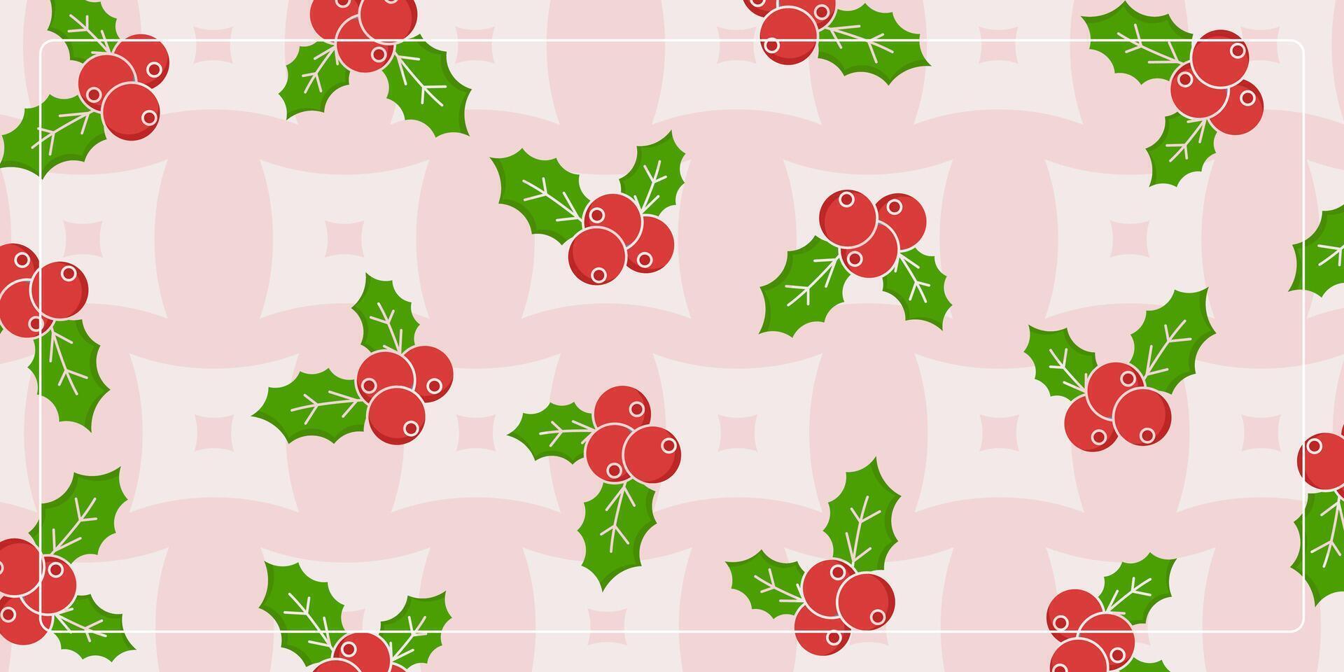 Christmas pattern pink background with berry fruit icons. design for banner, poster, greeting card, social media. vector