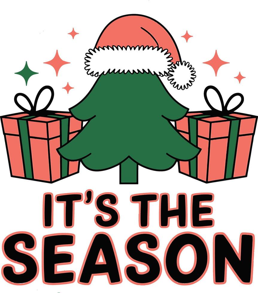 Festive Christmas t shirt design with Christmas Tree in Santa Hat vector