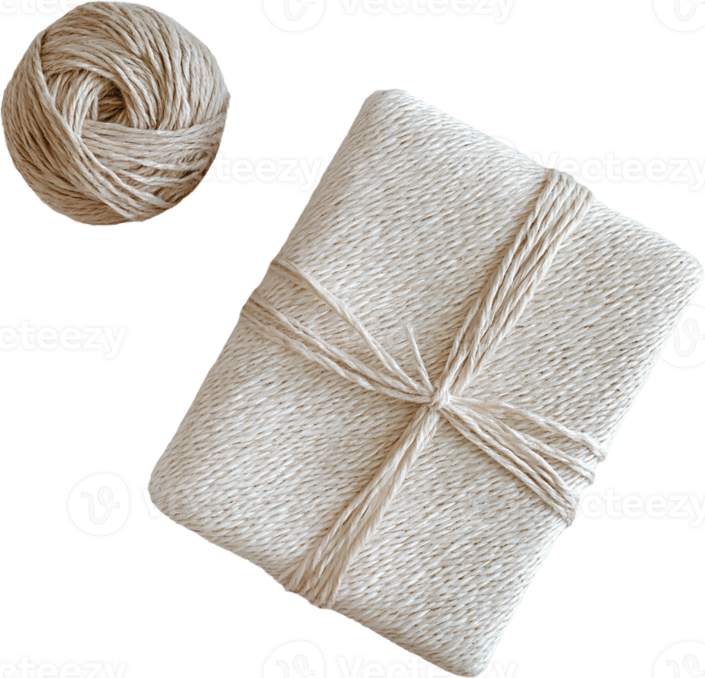 A white gift wrapped in twine and a ball of yarn png