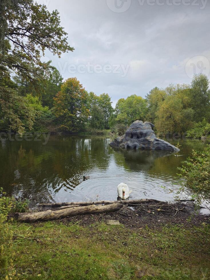 a large rock in the middle of a lake photo