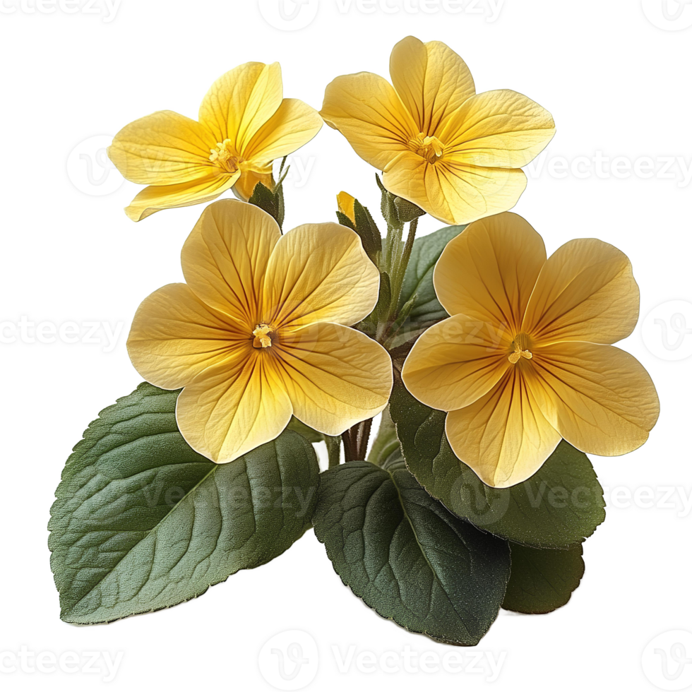 Yellow primrose flower , isolated on transparent background. Bright yellow petals with natural texture and green leaves, showcasing the delicate beauty of the primrose flower png
