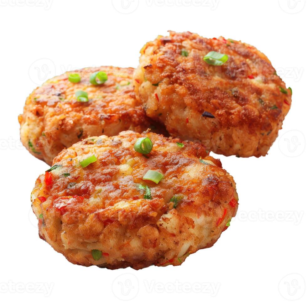 Delicious golden brown crab cakes garnished with green onion on white background photo