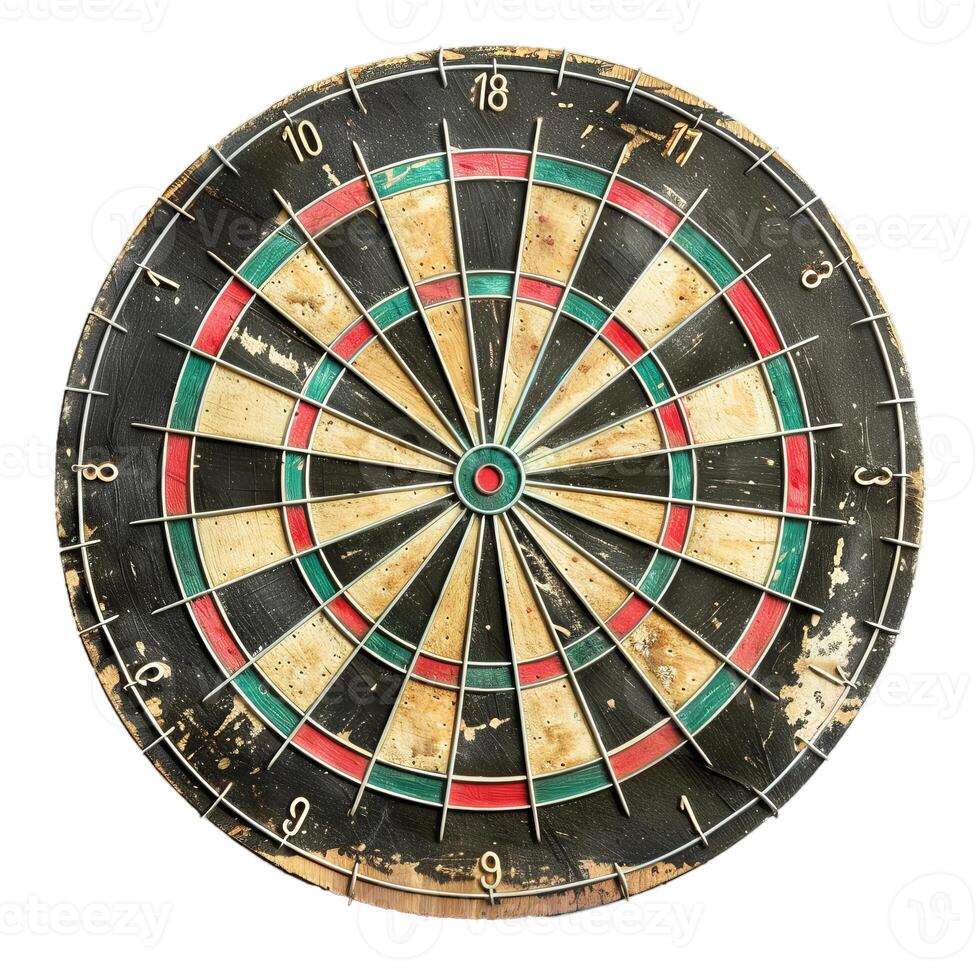 Old dartboard showing signs of wear and tear isolated on white background photo