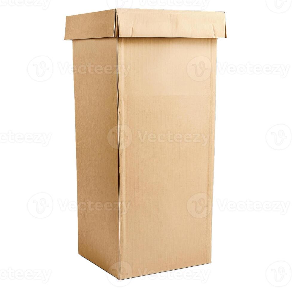 Tall cardboard box standing on white background photo