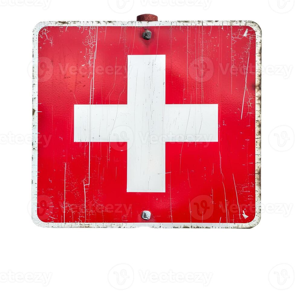 Red and white swiss flag showing cross symbol on grunge metal sign photo