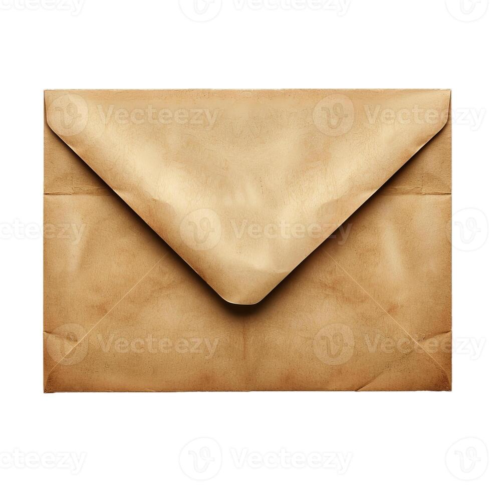 Old brown envelope isolated on white background showing age photo