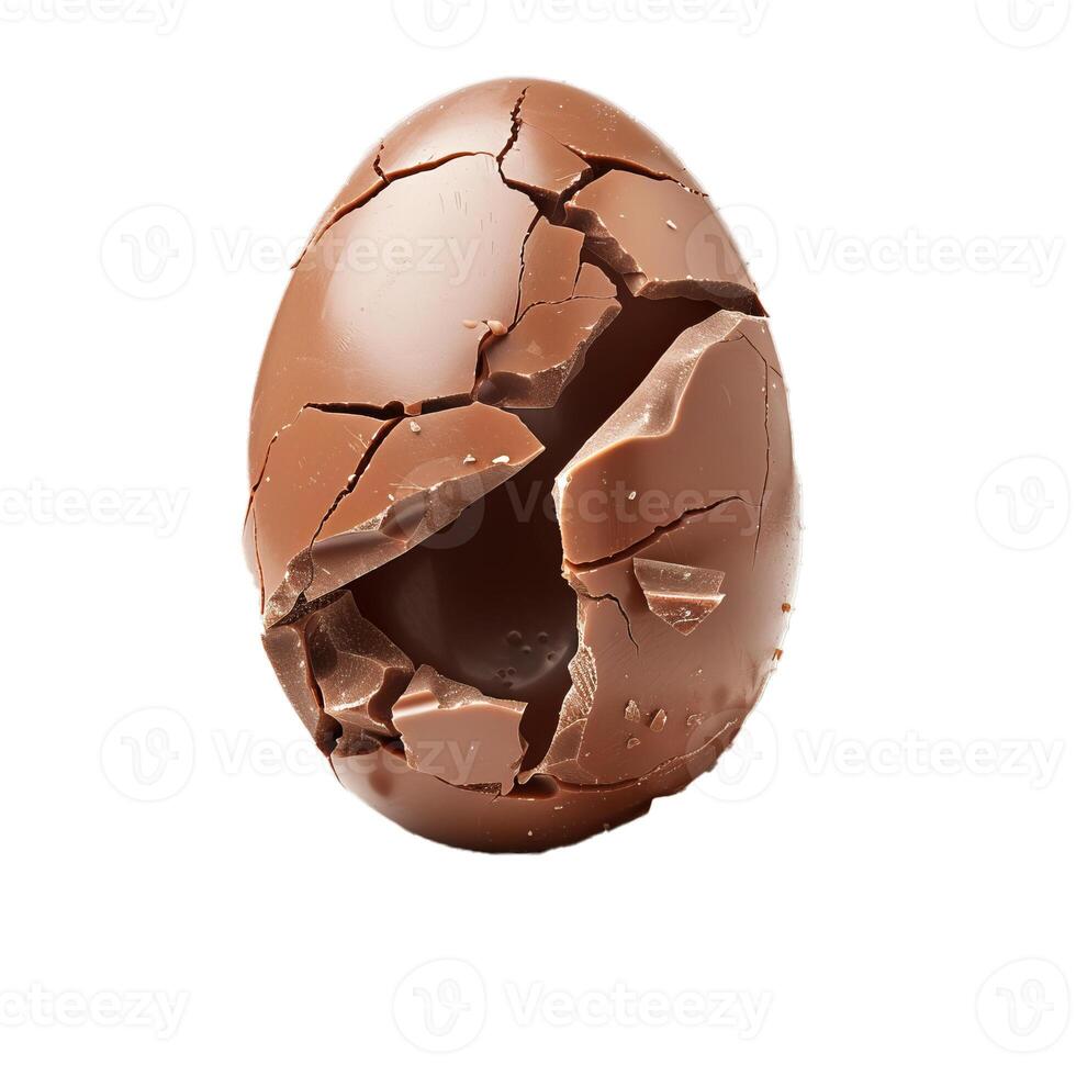 Chocolate easter egg breaking apart on white background photo