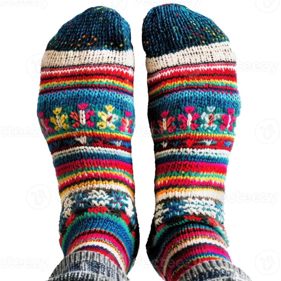 Woman wearing a pair of colorful wool socks photo