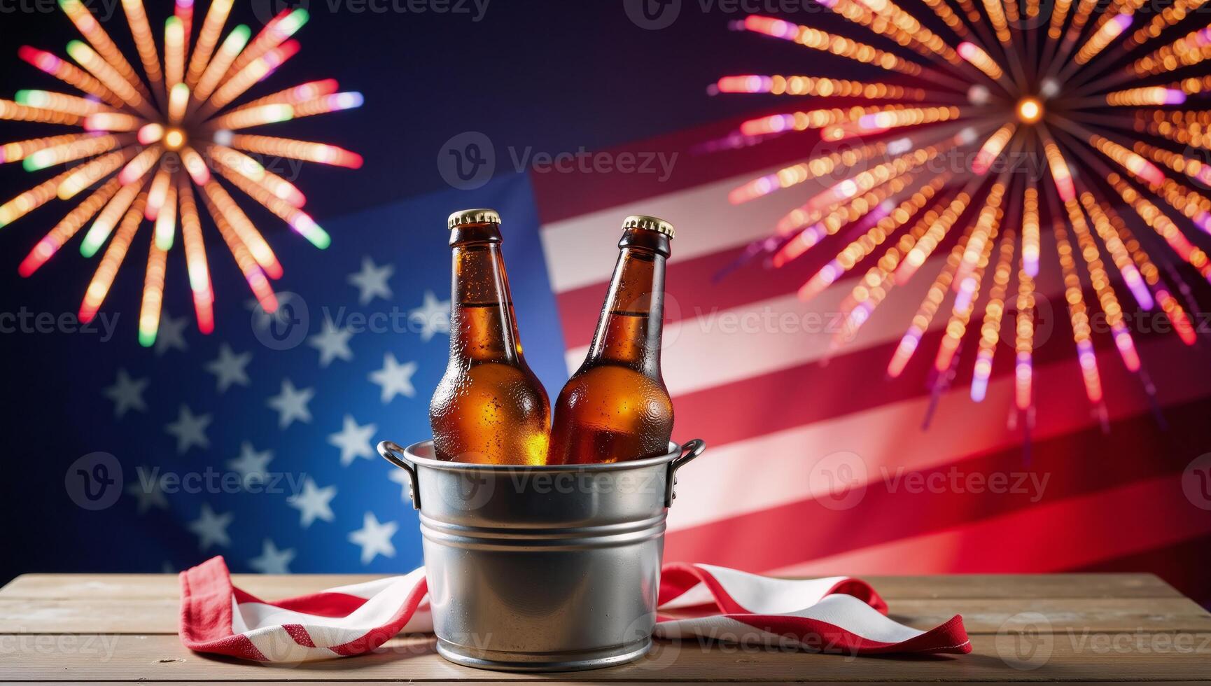 Icecold beers with patriotic flair two bottles surrounded by an American Flag and firework rockets photo