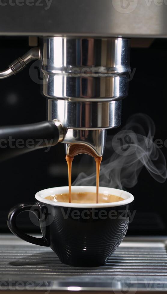 Fresh espresso being poured from an appliance by a coffee maker photo