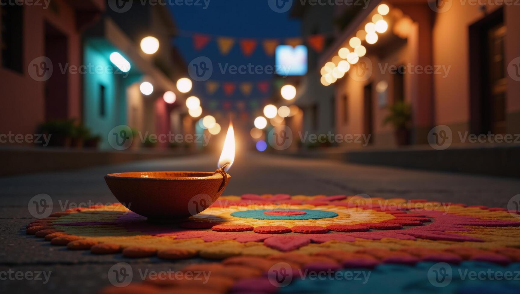 A 3Drendered Diwali celebration scene featuring a lit diya lamp in the middle of a festive street with colorful rangolis and happy Diwali festival background photo