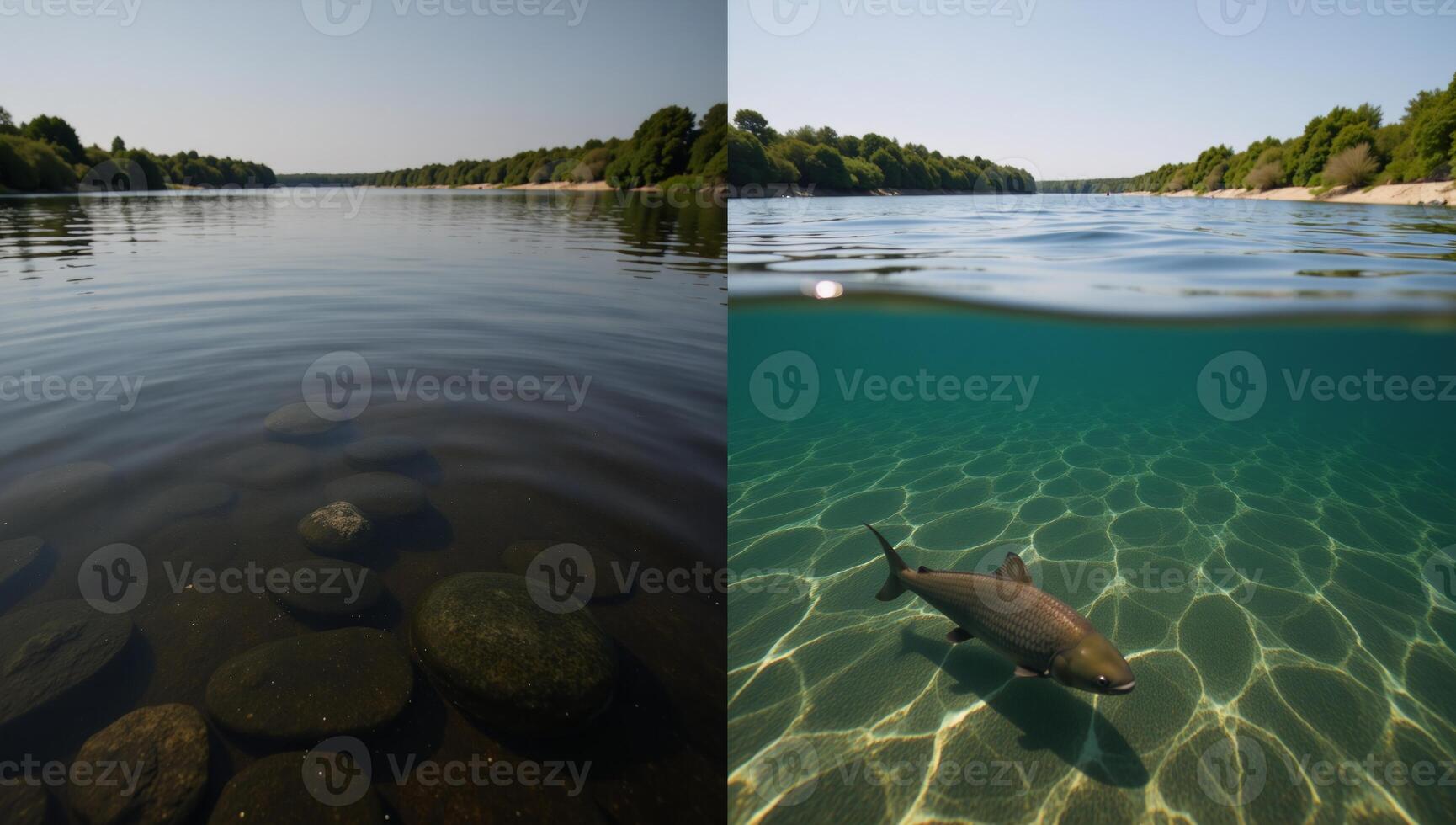 A contrast between two rivers one polluted with no aquatic life vs photo