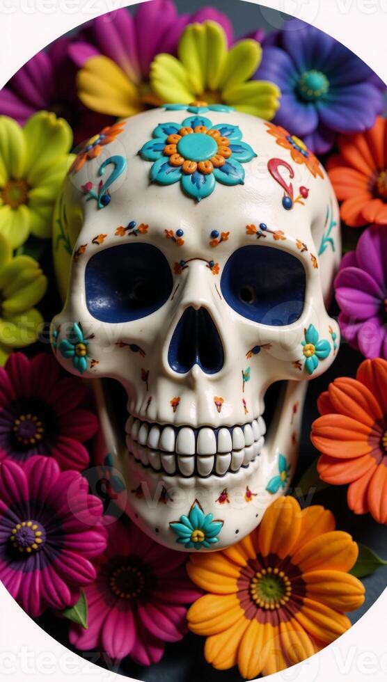 Flowerthemed sugar skull with a round shape photo