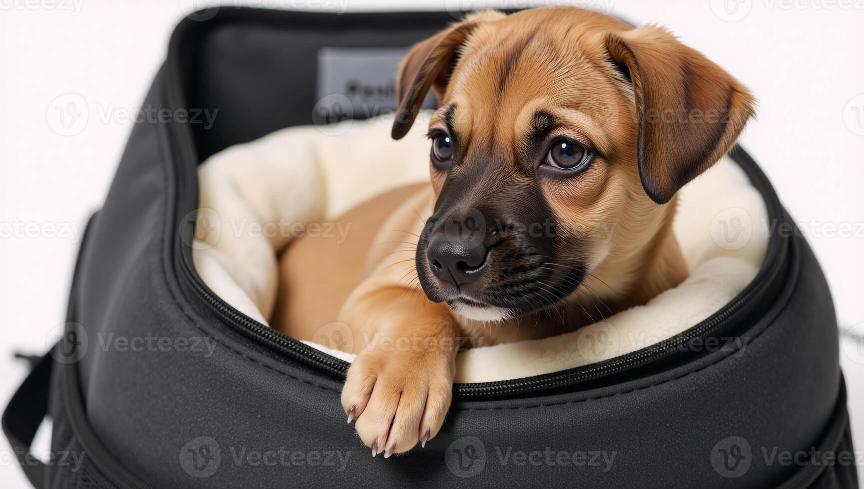 Cute puppy with curious facial expression in a carrier photo