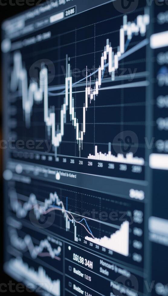 Financial chartsprofit graphs showing business stock market trends analyzed using candlestick graphs against a dark blue backdrop photo