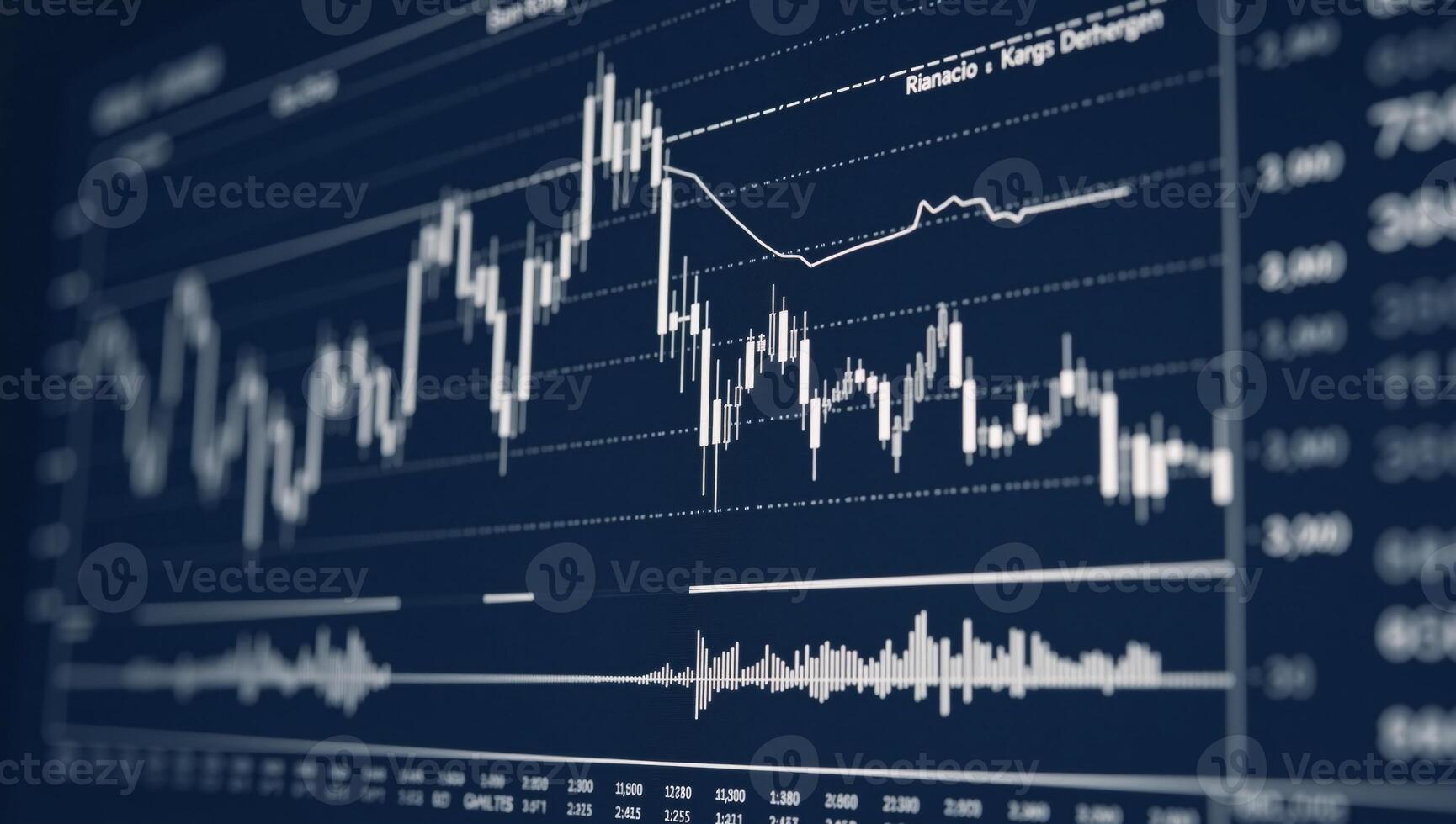 Financial chartsprofit graphs showing business stock market trends analyzed using candlestick graphs against a dark blue backdrop photo