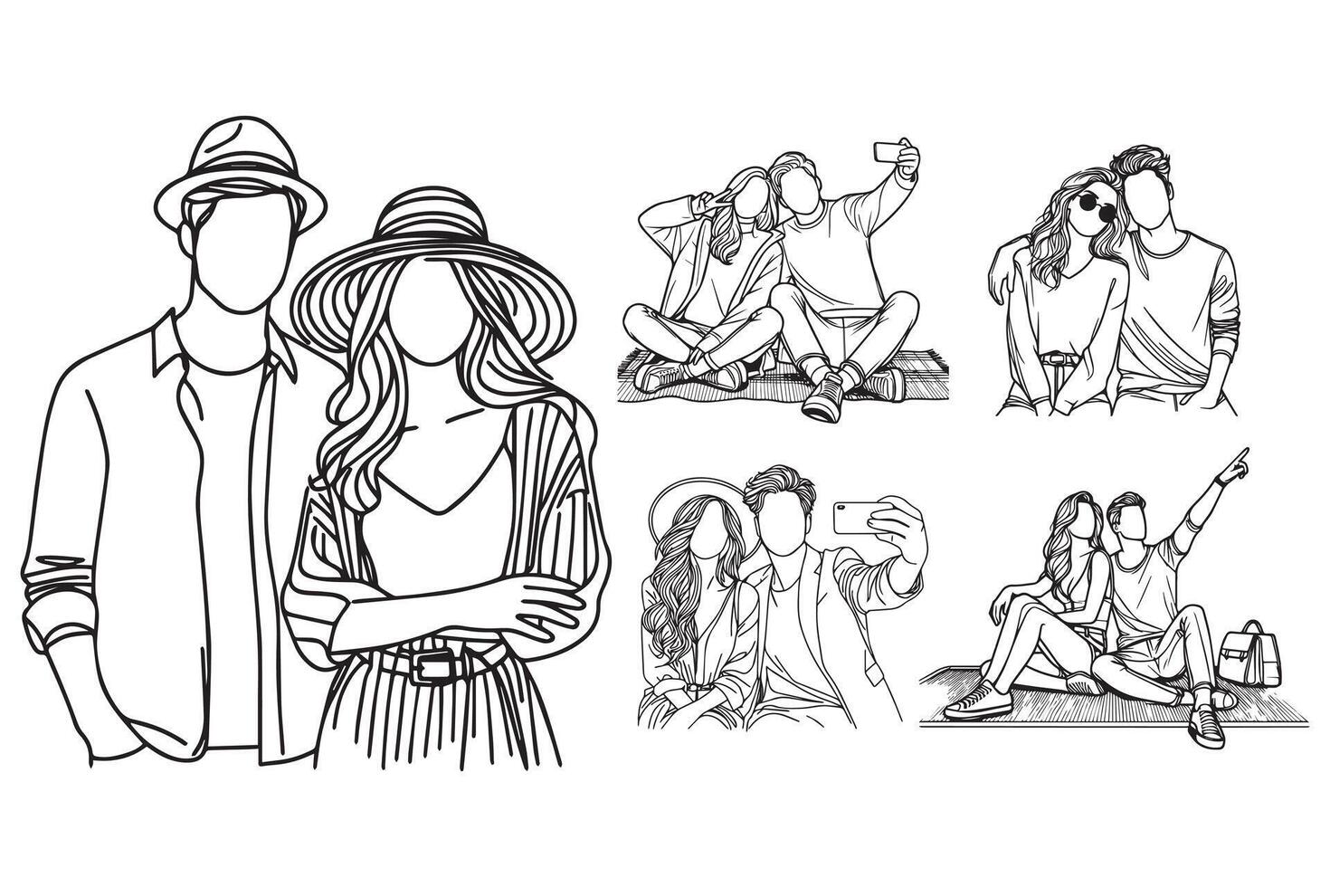 Illustration of a happy couple captured in line art style during a holiday vector