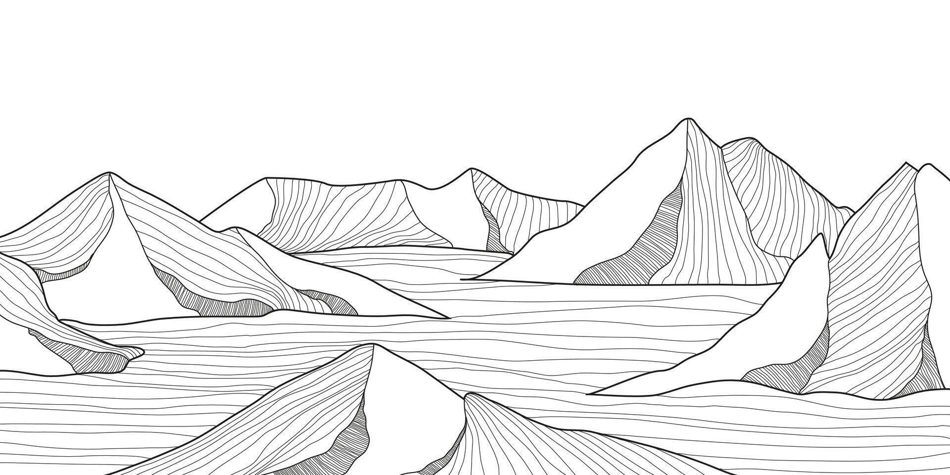 Line art background with mountains. Black and white landscape design for fabric, prints, and wall art. Simple line drawing of one line mountain. vector