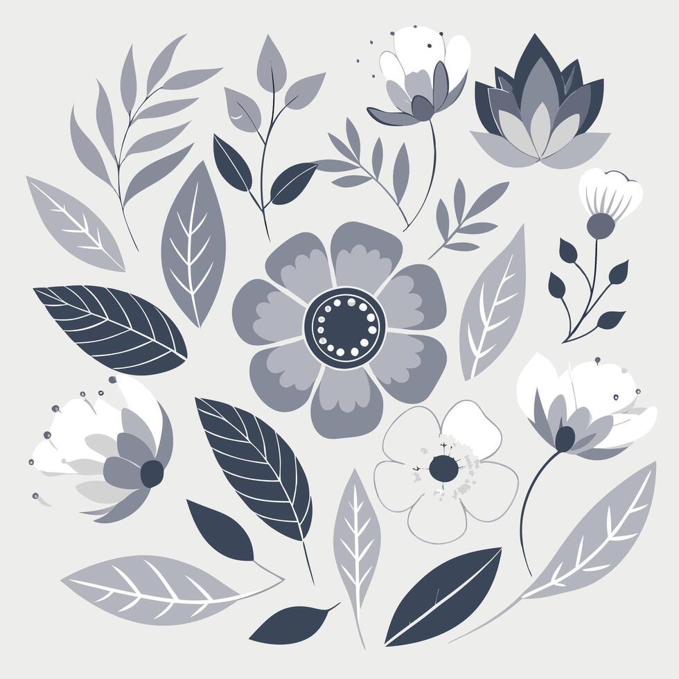 A set of black and white flowers and leaves vector