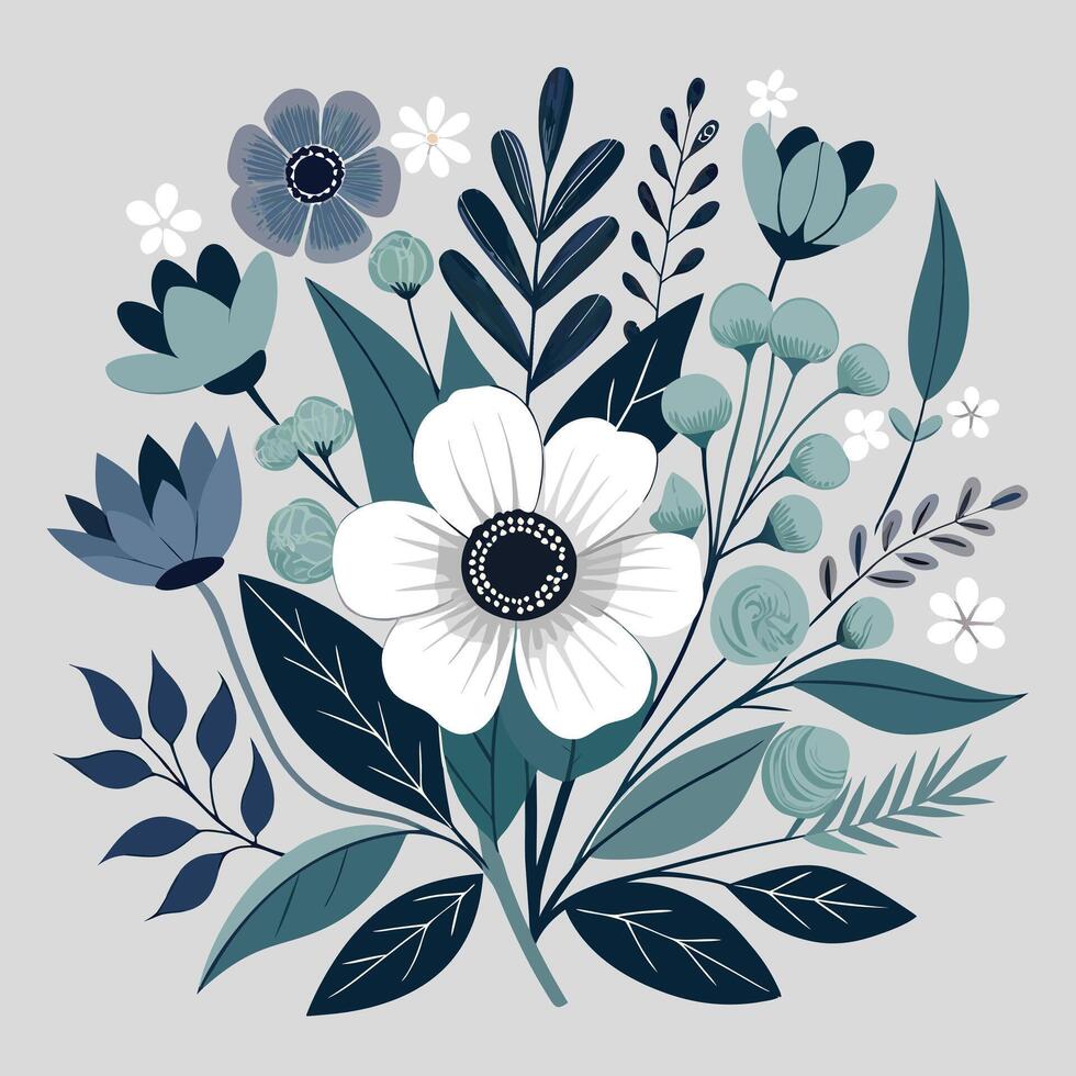 illustration of floral bouquet with blue and white flowers vector