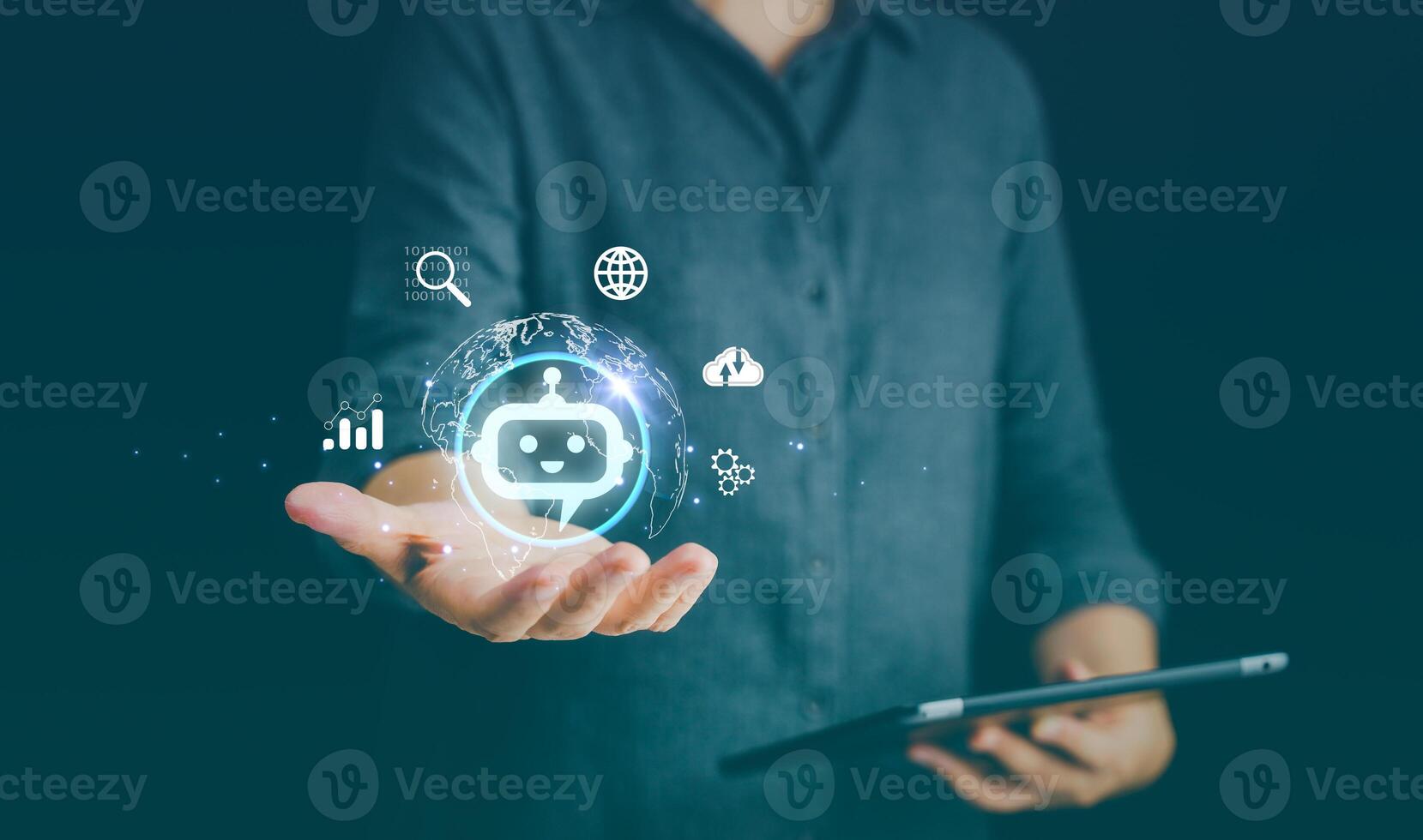 Ai, artificial intelligence business technology using bot, learning machine, automation innovation, smart virtual computer software analysis. Concept of big data, cloud computing, wireless technology. photo