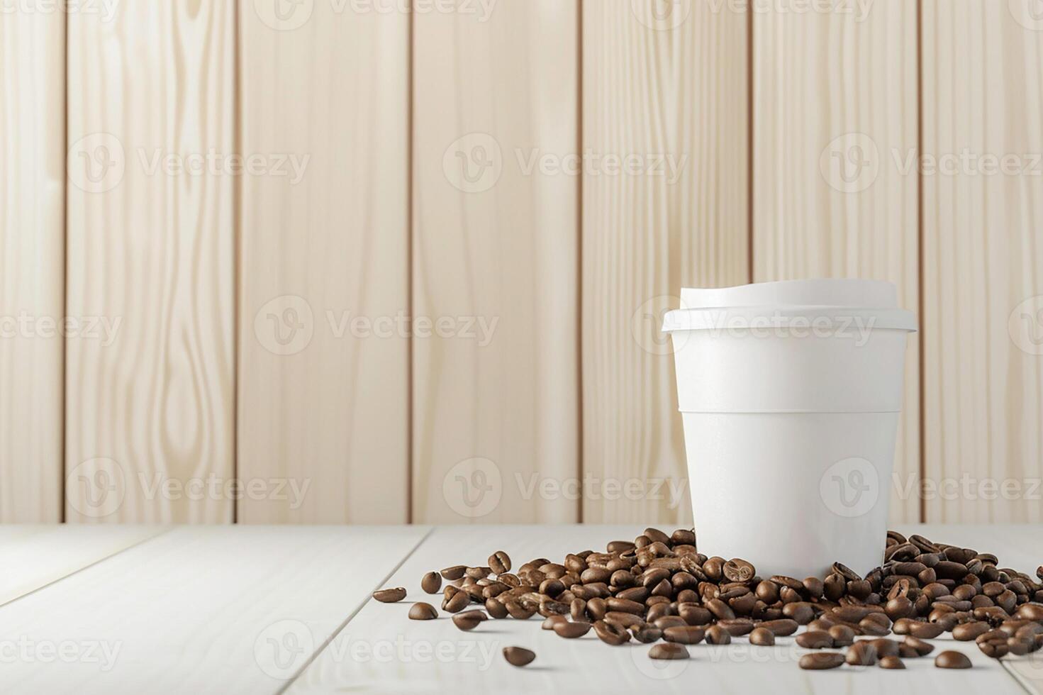 3D render of white coffee cup mockup with coffee beans on light wooden background for ads photo