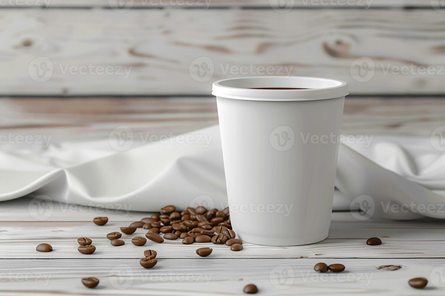 3D render of white coffee cup mockup with coffee beans on light wooden background for promo photo