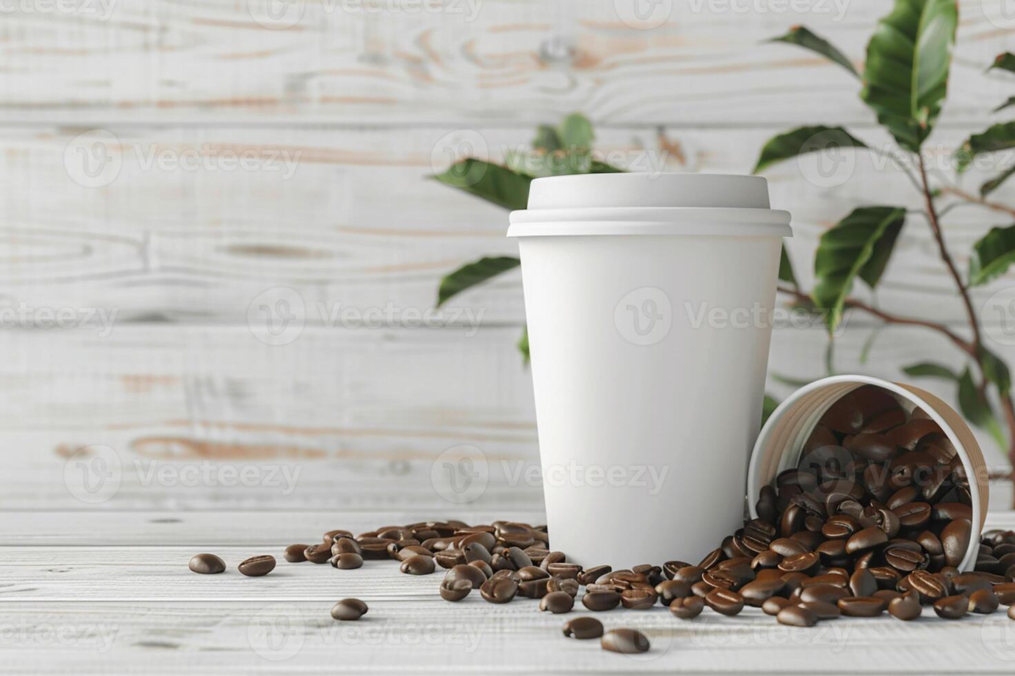 3D render of white mockup coffee cup and coffee beans on light wooden background, advertising photo