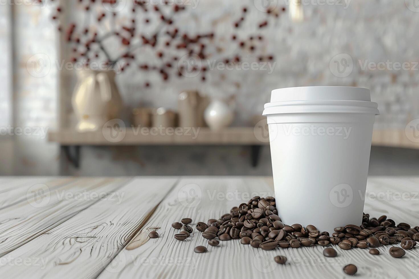 3D render of white mockup coffee cup with coffee beans, light wooden background for advertising photo
