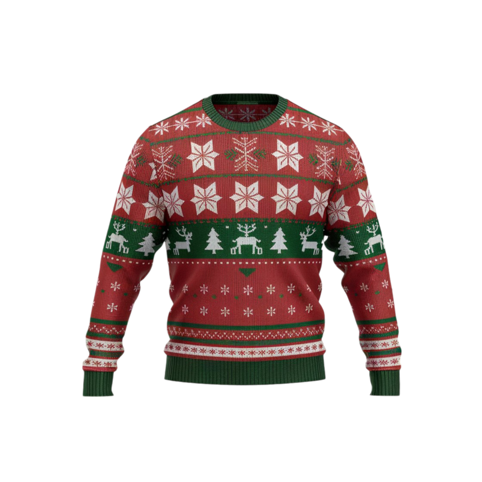 Festive Christmas Sweater with Green and Red Patterns png