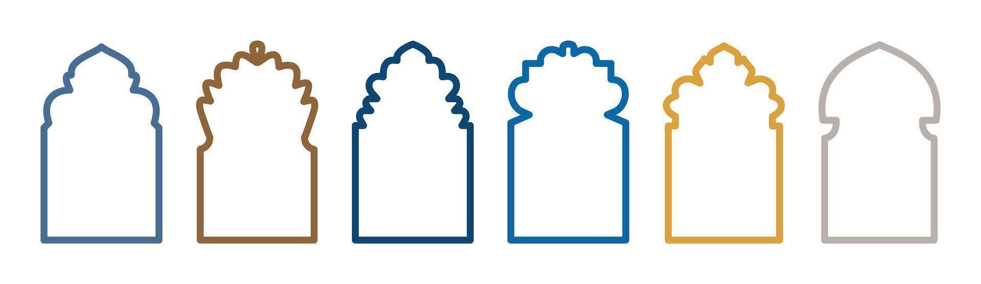 Set of Islamic frames shapes badges. set of Islamic Bagde. Arab frame oulone set. Islamic window line shape collection. Arabic, Muslim architecture outline frame. Traditional Moroccan, oriental design vector